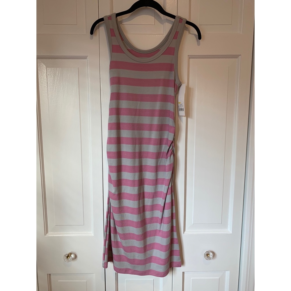 Maternity grey and pink striped cotton midi dress